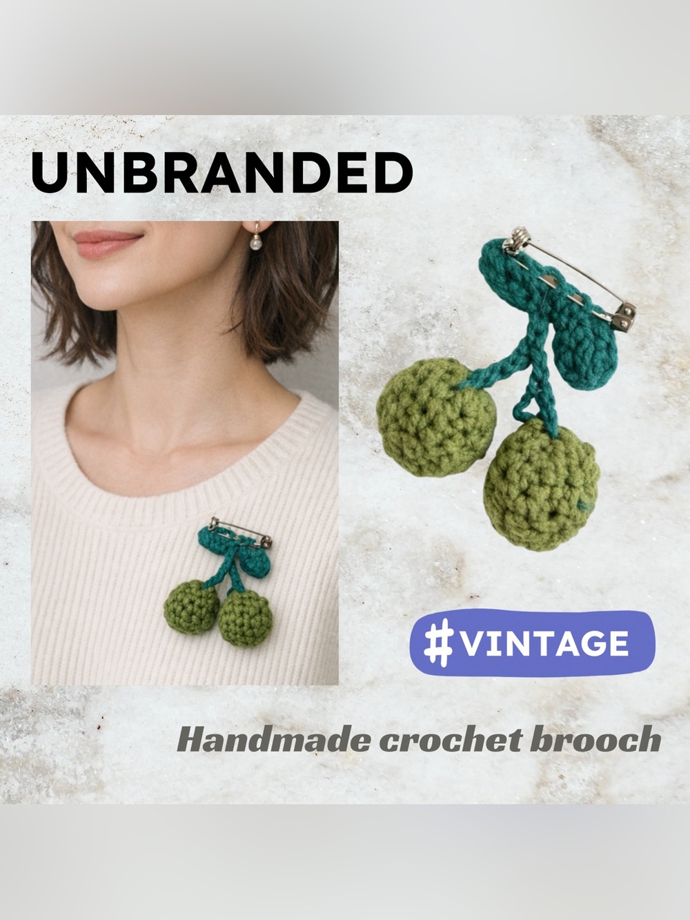 👍GUC UNBRANDED | Vintage cute crochet handmade green cherries brooch ❗️read